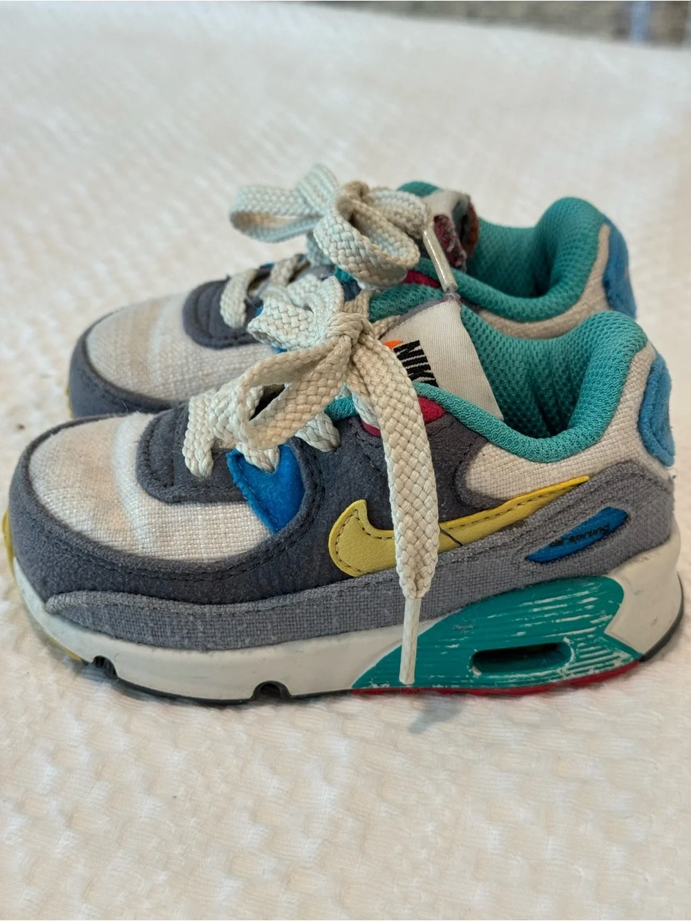 Nike Kids Turquoise, Gray & White Lace-Up Sneakers with Orange Swoosh